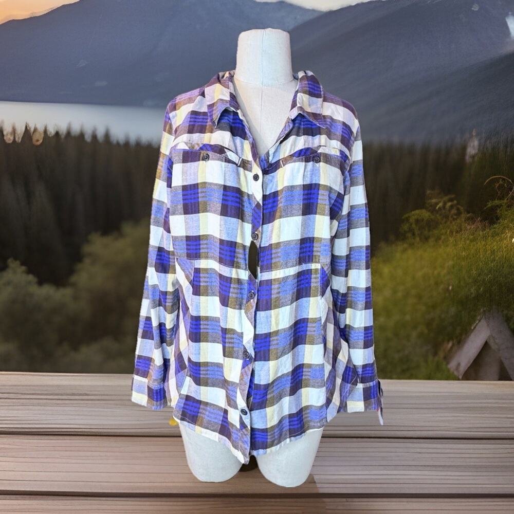 Columbia Women Plaid Flannel Button Down Long Sleeve Shirt Purple ,Pockets Sz L